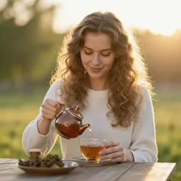 beautiful russian woman making tea at sunrise