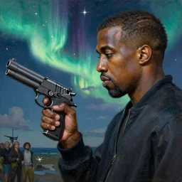 a detailed profile oil painting of kanye west holding a gun, aurora lighting clouds and stars by beksinski carl spitzweg and tuomas korpi. intricate artwork by caravaggio. Trending on artstation. 8k