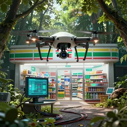 an intricate concept art illustration of an drone scanning an undergrowth convenience store, computer wires, digital art, photorealistic movie still, style ivan talavera and artgerm, radiant lighting, hyper realistic, photorealistic, octane render, trending on artstation, cgsociety, cinematic light, 8 k