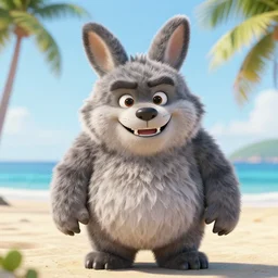 an adorable fierce furry monster that looks like a very chubby wolf rabbit ears and teddy bear body, Smiling at the camera with a mischievous grin, happy lighting, at a tropical beach
