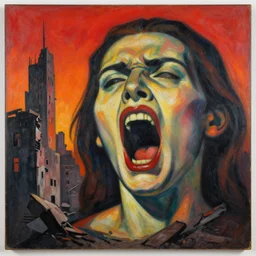expressionist art depicting a screaming face and a ruined city, red and orange gradient