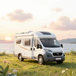 beautiful cute cozy very little class c motorhome on the grass by the water, sunset, warm colors, puffy cute clouds, white background, watercolor, 4 colors!!!