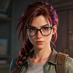 a stylish girl with freckles glasses and wild colorful hair, lara croft | | fine detail!! anime!! realistic shaded lighting!!, directional lighting 2 d poster by ilya kuvshinov, magali villeneuve, artgerm, jeremy lipkin and michael garmash and rob rey