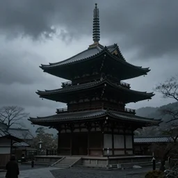 Japanese architecture, ominous Sky, gloomy atmosphere, cinematic, mist, High definition, 8k, ultra detailed