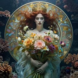 portrait of a beautiful mysterious woman holding a bouquet of flowing flowers, hands hidden under the bouquet, submerged underwater filled with coral reef, fantasy, regal, intricate, by stanley artgerm lau, greg rutkowski, thomas kindkade, alphonse mucha, loish, norman rockwell
