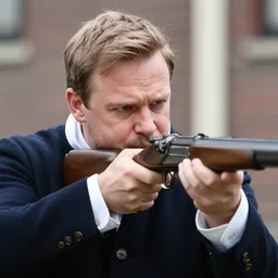 closeup portrait of mark rutte dressed as rembrandt firing a musket in the hague, natural light, sharp, detailed face, magazine, press, photo, steve mccurry, david lazar, canon, nikon, focus