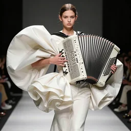 ball shaped accordion sleeve haute couture, striking pose, dynamic folds, volume flutter, youthful, modeled by designer bust sculpture, award fashion, expert composition, professional retouch