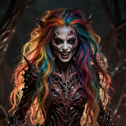 a brutal terrifying and mysterious weird woman warped in horror with long rainbow - colored hair, her skin has gaps, spikes, and complex alien textures, terrifying and mysterious