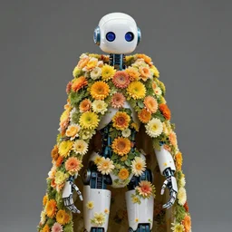 a robot wearing a cloak made of flowers, by Omar Z. Robles, CANON Eos C300, ƒ1.8, 35mm, 8K, medium-format print