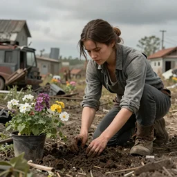 a women planting flowers in a post apocalyptic world, ultra detailed, realistic, octane, masterpiece