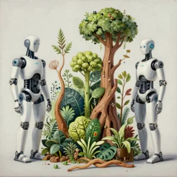 conceptual painting about the symbiosis between artificial intelligence, robots humans and nature, hybryd of cyborgs and plants herbs and wood