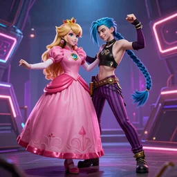Princess peach mixed with jinx from league of legends, dancing, background with neon lighting, fullshot, raytrayced, octane render, epic composition, intricate details, hyperrealist, by Joe Benitez, WLOP, Alessandro Barbucci, Barbara Canepa