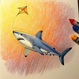 a shark flying a kite, concept art, digital line art painting, illustration, graphic novel, graphite, marker art, crayon, paint, comic book, warm color palette, electric colors, tonal colors, 2 d, 8 k, natural lighting, amoled, moody lighting, diffraction grading, cell shading