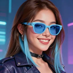 closeup painting of a very beautiful young mexican cyberpunk woman smiling, wearing light blue shades and a leather jacket, one side haircut, long brown hair with light blue ends, portrait, hyperdetailed, artstation, cgsociety, 8 k, synthwave by tangerine dream