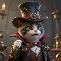 complex 3 d render, hyper detailed, ultra sharp, vampire cat in the hat, scary, cute, cinematic, head and shoulders, steampunk, natural soft light, rim light, octane render, artstation, art by artgerm and greg rutkowski and alberto seveso, dr seuss