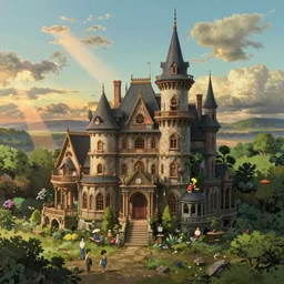 a beautiful hyperrealistic detailed miniature diorama of a magical mansion from studio ghibli, by jordan grimmer and hayao miyazaki and adolf hira, crepuscular ray, vibrant, 3 d, wide angle, epic, morning light - emitting, vast, trending on artstation, intricate, atmospheric lighting, unreal engine, 8 k resolution, ultrafine detail, octane render