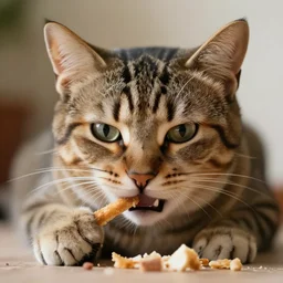 a cat with the face of Mr Bean, eating something wrong.