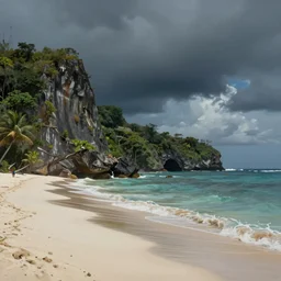 photorealistic painting of turtle bay beach jamaica, sharp cliffs, island with cave, dark, atmospheric, brooding, smooth, finely detailed, cinematic, epic, in the style of clyde caldwell