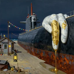 painting by dean cornwell, ilya repin, nc wyeth painting, ultra wide, vanishing point, 3 d perspective, colossal beached nuclear submarine arm leg hand limb, white marble fingers, liquid gold, gold leaf, award winning, up close, beaching, rust, midnight, junk town, lanterns, makeshift house, colorful lightbulb festoon lights, telephone pole