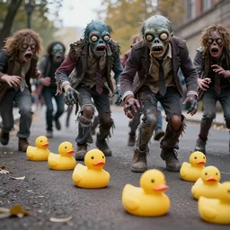 rubber duck zombies chasing terrified people, photography