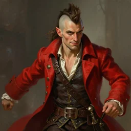 medium-length portrait of a male half-elf dashing swashbuckler with a mohawk and brown eyes, fair skin, cocky expression, wears a fancy bright red pirate coat with no undershirt, medieval setting, highly detailed, digital painting, artstation, concept art, sharp focus, illustration, art by greg rutkowski and alphonse mucha