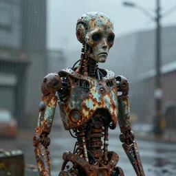an emotionless android rusting outside in the rain, realistic, highly detailed digital art, trending on artstation,