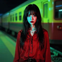 toshiko okanoue photo realistic we craven midnight meat train high quality, crimson, violent, cyan, lime, steel