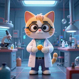 A mad scientist cartoon cat in his lab. Unreal Engine 5. DAZ. Octane render. Symmetrical. Attention to detail. Vibrant bright colours. High saturation. Extremely moody lighting. Atmospheric. Cinematic. Intricate. 8K. Stunning. Breathtaking. Awe-inspiring. Award-winning. Concept art. Trending. ArtStation