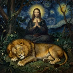 a lion sleeping in the jungle by leonardo davinci trending on artstationhd, highly detailed, starry night background, beautiful painting, prayers, meditation, halos