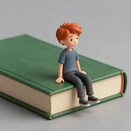 diminutive young man sitting on a huge book. The man is two inches tall and redhead. The book is closed, with a green cover. Digital realistic detailed art trending in Artstation.
