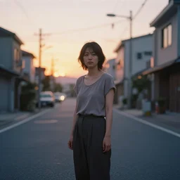 portrait of a woman standing in an empty street by hiroshi yoshida, sunset colors
