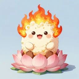 fluffy strange popcorn elemental spirit anime character with a smiling face and flames for hair, sitting on a lotus flower, clean composition, symmetrical