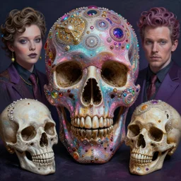 beautiful matte painting of psychedelic glittering jewelled skull by dan mumford and alex gray and lisa frank and chris dyer, HDR, vivid color, CGsociety