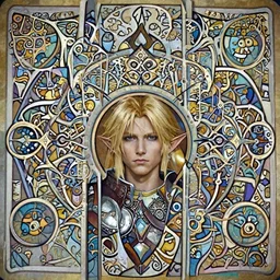 head-on symmetrical centered painted portrait, Sephiroth as elf ranger, blonde hair, leather armour, art nouveau, tarot card style, complex fractal tarot card background, fantasy, intricate, elegant, highly detailed, smooth, sharp focus, illustration, artstation, in the style of Artgerm and Anna Podedworna and Alex Ross and Mucha