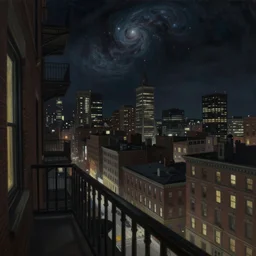 horrifying full color photorealistic painting of the view from a 1 9 2 5 a warped view of downtown boston in 1 9 2 5 at night with a cosmic sky viewed from a hotel balcony, dark, atmospheric, brooding, smooth, finely detailed, cinematic, epic, in the style of paul carrick