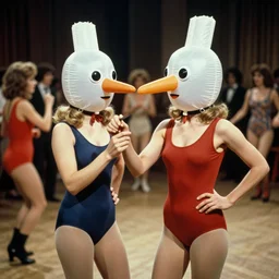 1978 twin women on tv show wearing an inflatable mask with a long prosthetic nose and googly eyes, wearing a leotard on the dancefloor 1978 technicolor archival footage color film 16mm holding a hand puppet Fellini Almodovar John Waters Russ Meyer Doris Wishman