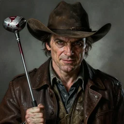 portrait painting of smirk woody harrelson, with a cowboy hat and bloody golf club, ultra realistic, concept art, intricate details, eerie, highly detailed, photorealistic, octane render, 8 k, unreal engine. art by artgerm and greg rutkowski and alphonse mucha