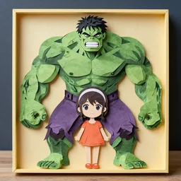 Hulk portrait paperart by Morgana Wallace, Yukari Nakayama, Noe Arata, John Ed De Vera, paper sculpture, anime style, vibrant colors, BL, boys love, paper layers, layered, paper art, paperart, highly detailed, songjin, paper box, intricate papercut