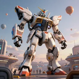 a beautiful hyperrealistic ultradetailed 3 d render of a gigantic mecha guarding a sci - fi spaceport, by jeff easley : 3, mech, unreal engine, octane render, gigantic, unreal engine, octane render, 3 d, brilliantly coloured, intricate, ultra wide angle, trending on artstation, dusk, volumetric lighting, hdr, polished, micro details, ray tracing, 8 k : 2, people, sphere, balloon, blurry, blur, depth of field, dof, bokeh, obscured, macro : - 1