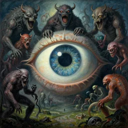 a painting of a giant eye surrounded by monsters, a surrealist painting by johfra bosschart and zdzisław beksinski, featured on cgsociety, pop surrealism, apocalypse landscape, apocalypse art, lovecraftian
