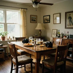 90's Professional Color Photography, Nikon, Cluttered dining room. Summer