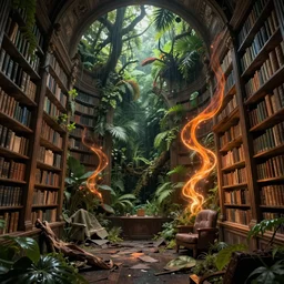 a decaying interior of ( ( old library ) ) with a rainforest growing inside, orange - glowing - magical - wisps in air, highly detailed, intricate detail, realistic shaded lighting, beautiful 3 d rendering, octane render, hyperrealistic, trending on artstation, by greg rutkowski and simon stalenhag