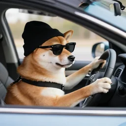 shiba inu driving a car, hands on steering wheel, sunglasses, black beanie