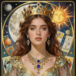 tessa thompson portrait by louis - theophile hingre and alphonse mucha, realistic, sharp focus, zodiac signs, tarot cards, planets, ethereal, art nouveau, magic, moon, sun, crown, dreamy, royal, jewellery