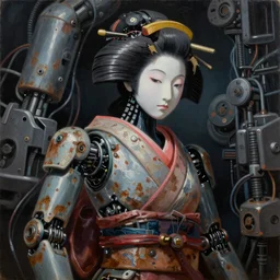 Portrait of a slightly rusty, beaten-up Japanese robotic geisha with wires and actuators in a technological megastructure, dramatic lighting, deep impasto oil on canvas painting