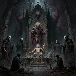 a lovecraftian painting of a demonic shrine, occult, eldritch gods, agony, madness, masked cult members, cosmic horror elements, ultra realistic, concept art, intricate details, eerie, highly detailed, photorealistic, octane render, 8 k, unreal engine. art by artgerm and greg rutkowski and alphonse mucha