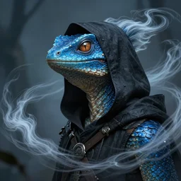 air genasi blue lizardfolk made of wind, he is wearing a black hood, face enhance, head and shoulder portrait, dnd commission, rpg artwork,4K, 8K, very detailed, trending on artstation