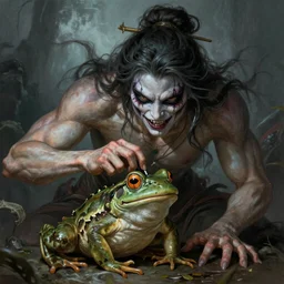scary godlike fairy killing a frog , muscular , upper body , epic , traditional makeup , gorgeous features , Post-processing , low angle , Greg rutkowski legendary matte painting , masterpiece