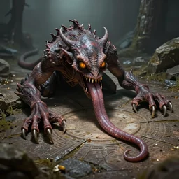 floor trap as dnd mimic with long tongue, evil eyes and sharp claws, dnd fantasy digital art, high detail, realistic