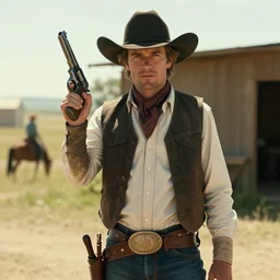 film still of the main character cowboy standing holding a pistol in the outdoor scene in an action movie posing for the camera 2 0 2 0, 4 k wild west